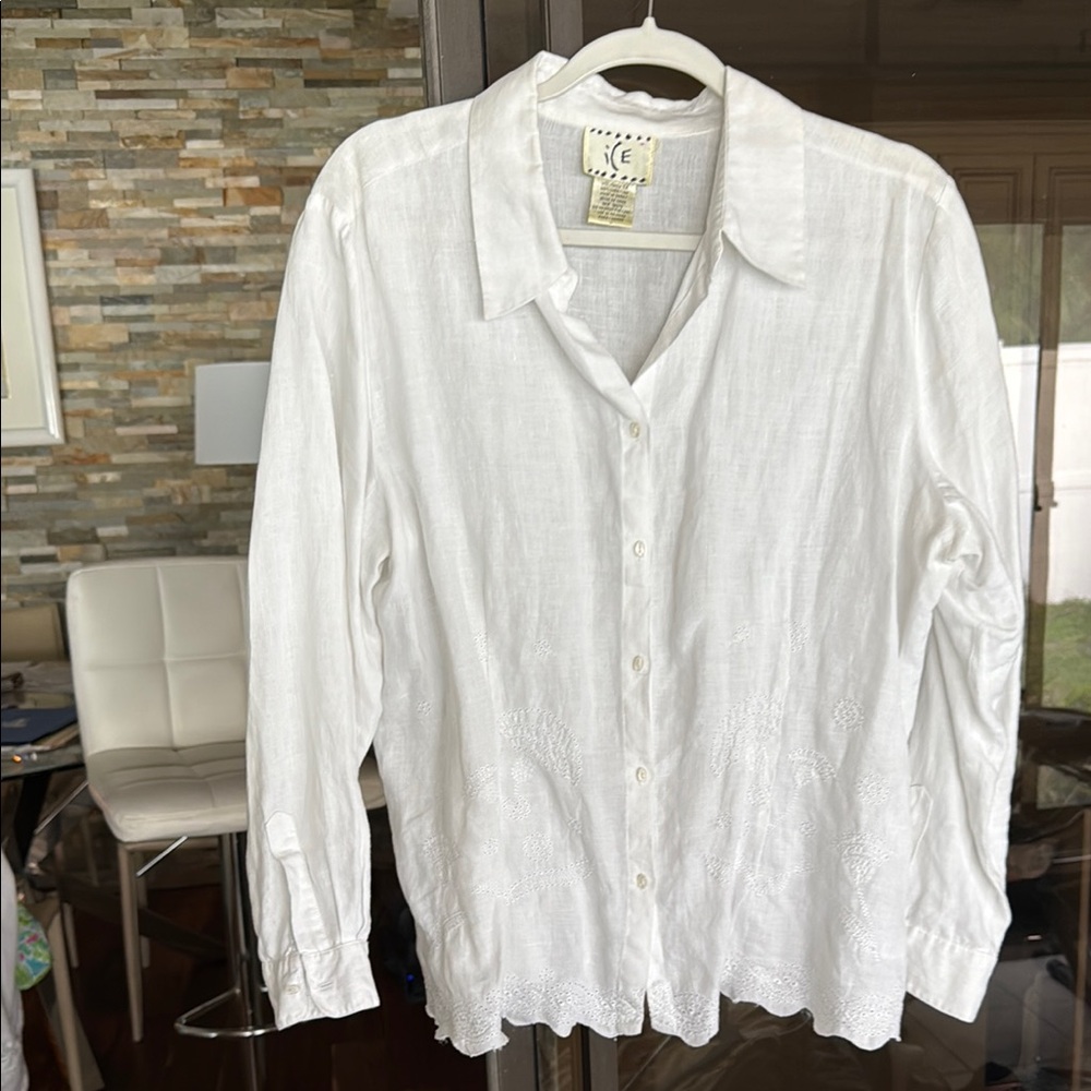 Ice White Long Sleeve Notched Collar Blouse 👚 100 % Linen
